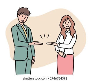 The man and the woman raise their hands to introduce the person next to them. hand drawn style vector design illustrations. 