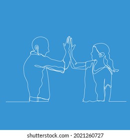 man and woman raising hand and tossing a high five in one line vector illustration