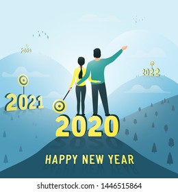 A man and a woman reached their goals in 2020. Making plans for the future, 2021, 2022 ... Congratulations on a happy new year. Vector illustration.
