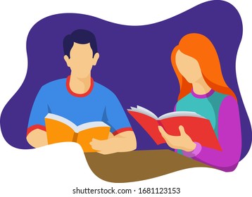 A man and woman read a book together in the campus library. Perfect template for website and landing page
