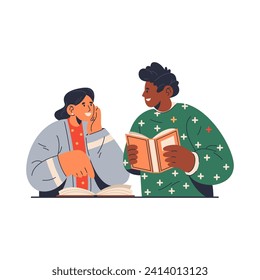 Man and woman read book together or discuss books. Vector flat cartoon couple at reading. Family at library or lib. Literature club or education group sign. Male and female reader activity. Bookstore