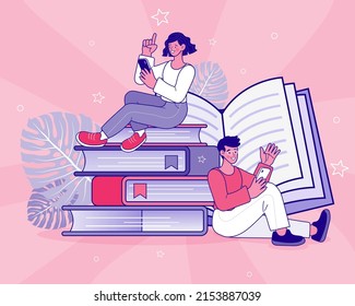 Man and woman reading a big book. World book reading or literacy day banner. Book market or fair concept. Online reading. Back to school. College and university concept vector outline illustration.