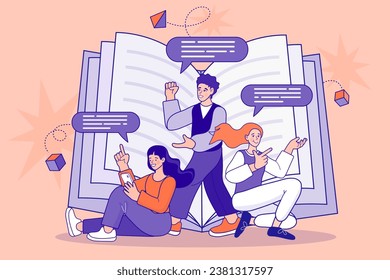 Man and woman reading a big book. World book reading or literacy day banner. Book market or fair concept. Online reading. Back to school. College and university concept vector outline illustration.