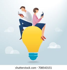 man and woman reading book and sitting on a light bulb, creative concept vector illustration 