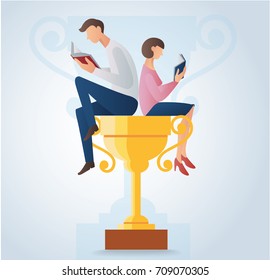 man and woman reading book and sitting on the gold trophy vector illustration