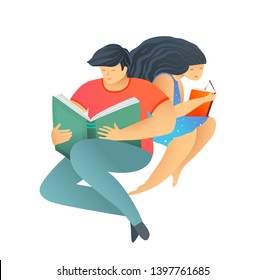 Man and Woman Reading Book Studying Flat Design. Modern flat style girl and boy reading a book, studying reading, isolated.