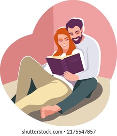 A man and woman are reading a book together in the evening at home. A young married couple holding a large book. Concept of gaining knowledge, love, couple, education. Stock vector illustration.