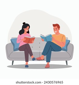 Man and woman reading books on the sofa. Flat style cartoon vector illustration. 