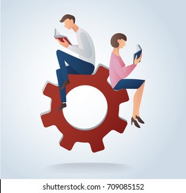 man and woman reading books on gears icon, concept of education vector illustration 