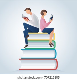 man and woman reading books sitting on many books vector illustration