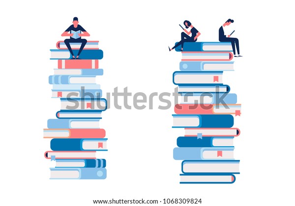 Man Woman Reading Books Sitting On Stock Vector Royalty Free 1068309824