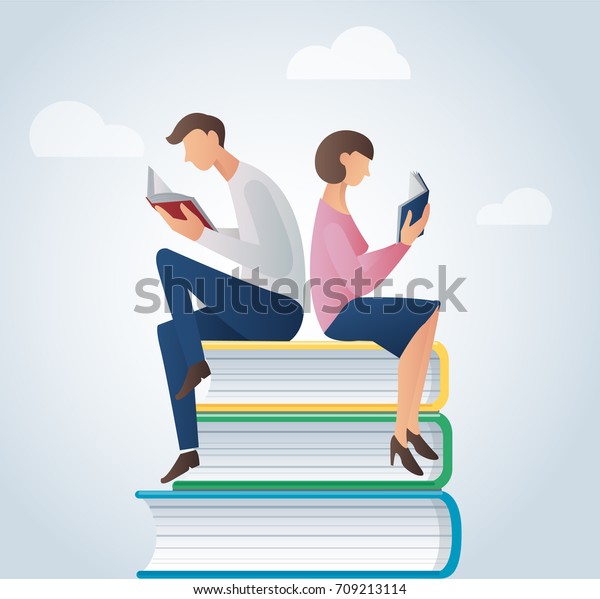 Man Woman Reading Books Sitting On Stock Vector Royalty Free 709213114