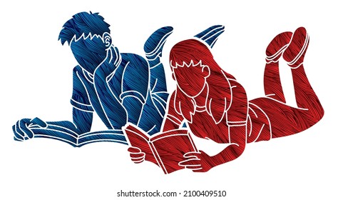 Man and Woman Reading Books Together Cartoon Silhouette Graphic Vector