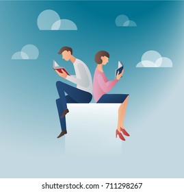 man and woman reading books vector illustration