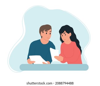 A man and a woman are reading a document at the table, looking at the documents.
The couple pays their bills.
A man and a woman are reading a letter. Flat vector illustration