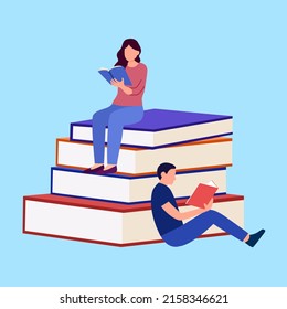Man and woman reading in flat design. I love books. Reading time.