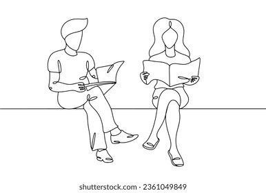 A man and a woman are reading a newspaper enthusiastically. Newspaper Carrier Day. One line drawing for different uses. Vector illustration.