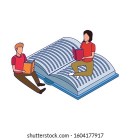 man and woman reading sitting on open book over white background, vector illustration