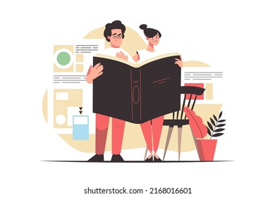 Man and woman reading together vector illustration. Young couple holding big book flat style. Love, couple, education, knowledge concept