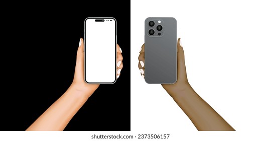 Man or woman realistic black and white hand holding  mobile phone. Realistic smartphone with hands. Advertisement template design concept with smartphone isolated. Vector.