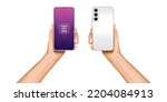 Man or woman realistic hand holding a smart mobile phone. Realistic smartphone with white colours. Advertisement template design concept with smartphone isolated on black background. Vector.