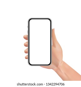 Man or woman realistic hand holding mobile phone with blank touch screen. Advertisement template design concept with smartphone isolated on white background. Digital marketing. Vector illustration