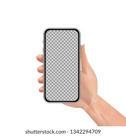 Man or woman realistic hand holding mobile phone with transparent touch screen. Advertisement template design concept with smartphone isolated on white background. Vector illustration