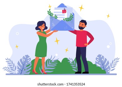 Man And Woman Receiving Grateful Letter. Newsletter, Message, Envelope Flat Vector Illustration. Good News, Mail, Positive Feedback Concept For Banner, Website Design Or Landing Web Page