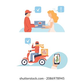 Man and Woman Receiving Parcel and Waiting for Pizza Delivery as Service Order Vector Set