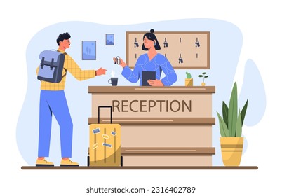 Man and woman at reception. Tourist in hotel talking to staff. Young guy with backpack and suitcase. Lobby Desk worker give room key to guest. Cartoon flat vector illustration