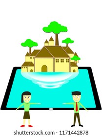 A man and woman recommend to buy a home through mobile or tablet. Technology Application home concept