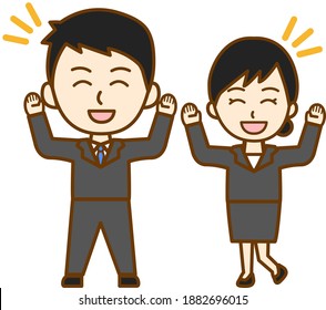 a man and a woman in a recruit suit with both hands raised for joy