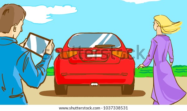 The man, the woman and the red car\
outdoor in spring day. Tle lady going to the car. The man standing\
and holding a tablet. Cartoon color vector\
sketch.