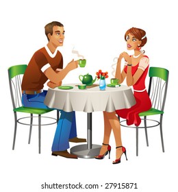 Man and woman in red dress are sitting in cafe, vector file.