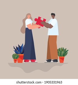 man and woman with red puzzle piece and plants vector illustration design