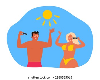 man and woman with red sunburn skin  holding sunglasses vector illustration