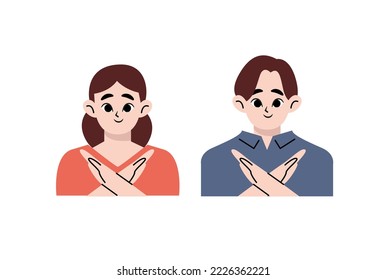 Man and woman refuse or reject hand gesturing in flat design on white background. No means no concept.