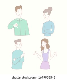 Man and woman relationship conflict flat vector illustration. Characters, people quarrel concept set