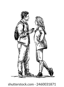 Man and woman relationship, Hand drawn illustration, Young couple standing facing each other, he with phone in his hand looking at her and smiling, she flirty akimbo looking at him reproachfully