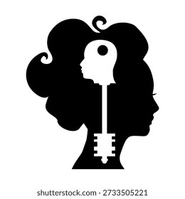 Man and woman relationship problems and conflicts in family and society. A male head shaped like a key inside female mind. Gender psychology concept. Romantic couple silhouette.