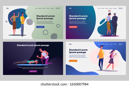 Man and woman relationship set. Conflict in couple, abuse, body training. Flat vector illustrations. Communication problem, harassment concept for banner, website design or landing web page
