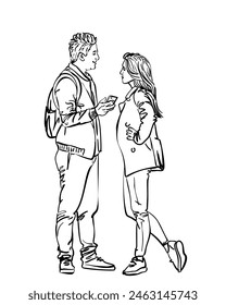 Man and woman relationship, Vector sketch, Young couple standing facing each other, he with phone in his hand looking at her and smiling, she flirty akimbo looking at him reproachfully