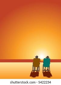 A man and woman relax in beach chairs by the ocean water at sunset with space for text