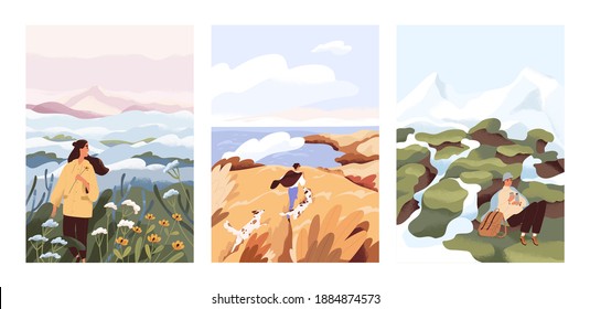 Man And Woman Relax Outdoor At Natural Landscape Vector Flat Illustration. Scenes With People Walking Alone, Enjoy Scenic Nature Views. Concept Of Freedom, Relax And Inspirational Lifestyle