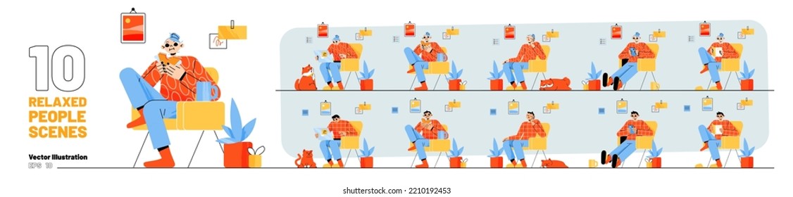 Man and woman relax sitting in chair at home. Set of people sleep, read book, use mobile phone and laptop, eat sandwich, vector flat illustration illustration