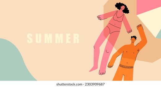 Man and woman relaxing at the beach under umbrella. Top view beach background. Banner with people in swimsuit sunbathing. Modern characters lie on the sand. Vector illustration. Seaside resort