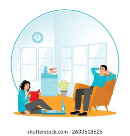 Um homem e uma mulher relaxando em uma sala de estar brilhante. O homem senta-se confortavelmente em uma cadeira enquanto a mulher lê um livro. Casal romântico relaxando juntos casal.