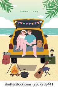 Mann und Frau entspannen sich im Autoverkehr im Strandlager. Cute Pärchen sitzen an der Autotür. Camper-Van, Picknick im Freien, Reisebus, Rucksack, handgezeichnete Vektordesign-Illustration.