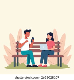 A man and woman are relaxing with laptop and smartphone on park bench with calm color background