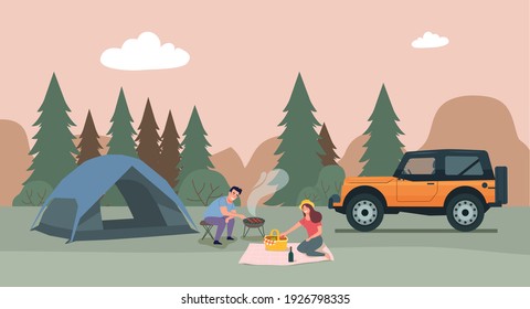 A man and a woman are relaxing in nature in a tent camp. Vector flat style illustration.